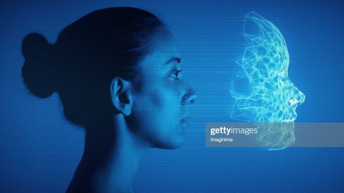 Female human face with 3d mesh and recognition marks.